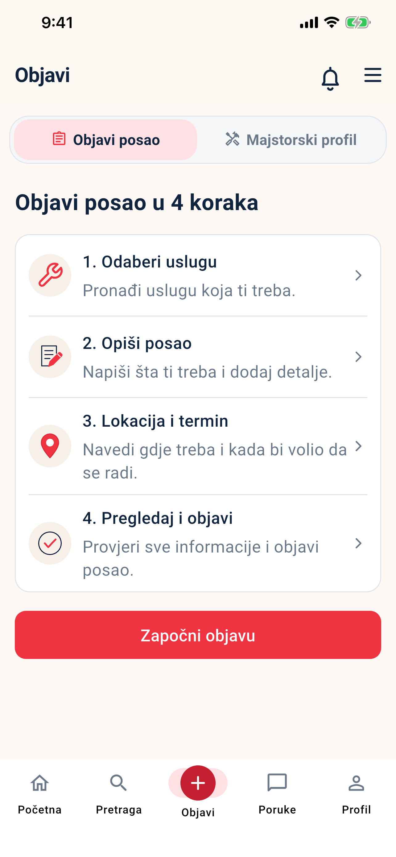 Stvarni ekran aplikacije: objava posla u četiri koraka.